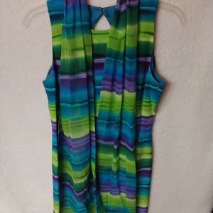 Maggy London Green And Blue Silk Dress With Scarf Size 8